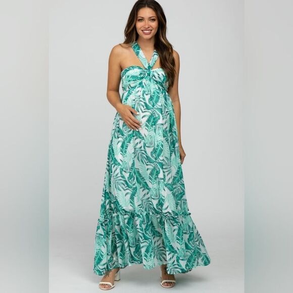Pinkblush Big Hit Green Palm Print Halter Neck Maternity Maxi Dress Size Small - Picture 1 of 4